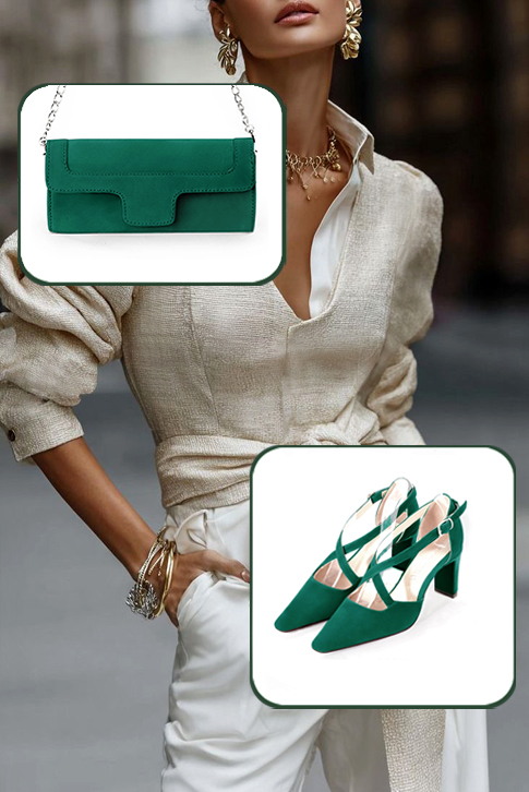Dress heels closed-back crossed straps in emerald green leather with high comma heels and tapered toe - Worn view